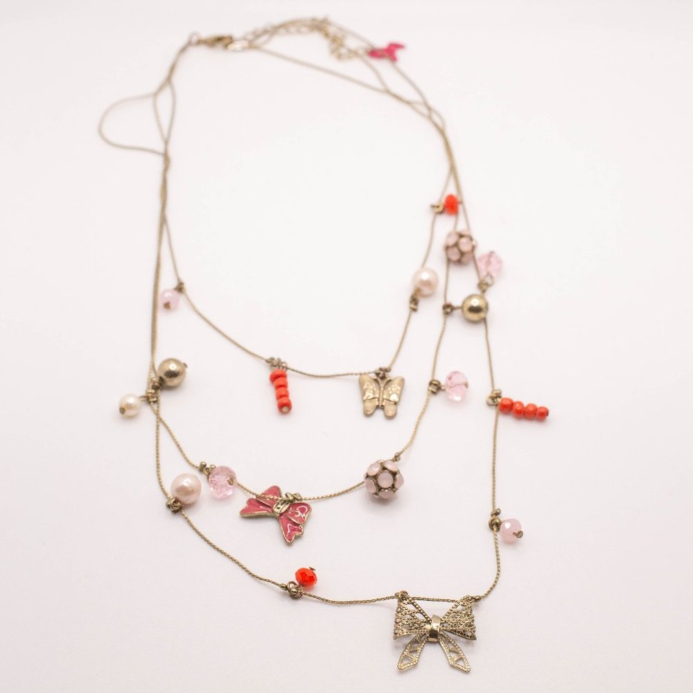 Betsey Johnson Betseyville Multi-layer Beaded Bow Charm Necklace
